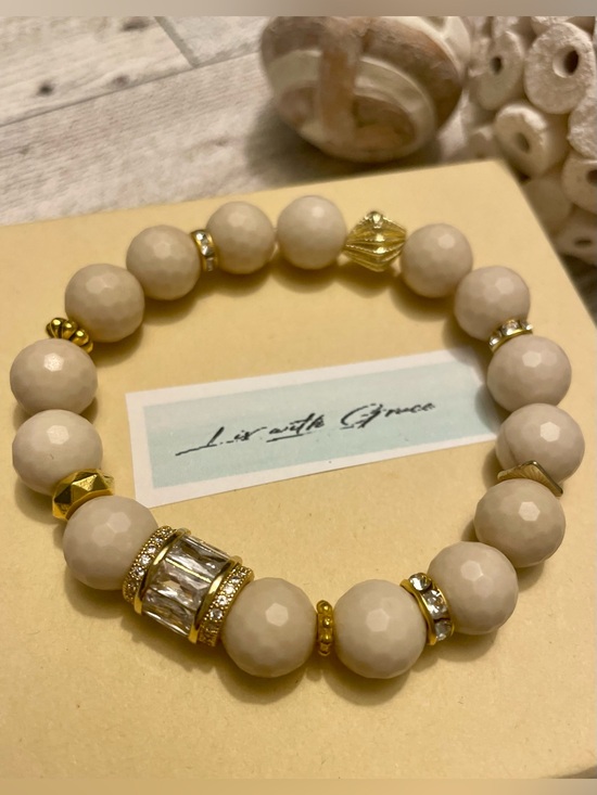 Jewelry - Cream sandstone with large accent gold and cz baguette accent bead 10mm handmade